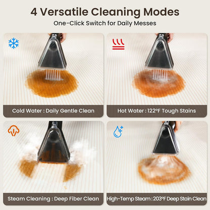 Portable Steam Carpet Cleaner, 203°F High Temp Steam & 18,000Pa Suction, Deep Stain & Odor Removal, Spot Cleaner for Pets, Kids, Home Upholstery, Stairs & Car Detailing
