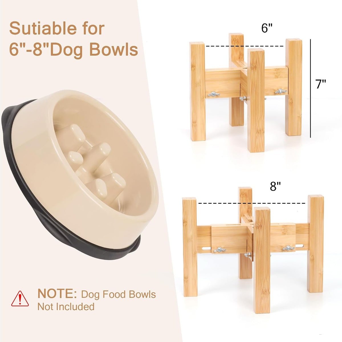 Elevated Dog Bowl Stand Adjustable Dog Food Holder 7”H Small Bamboo