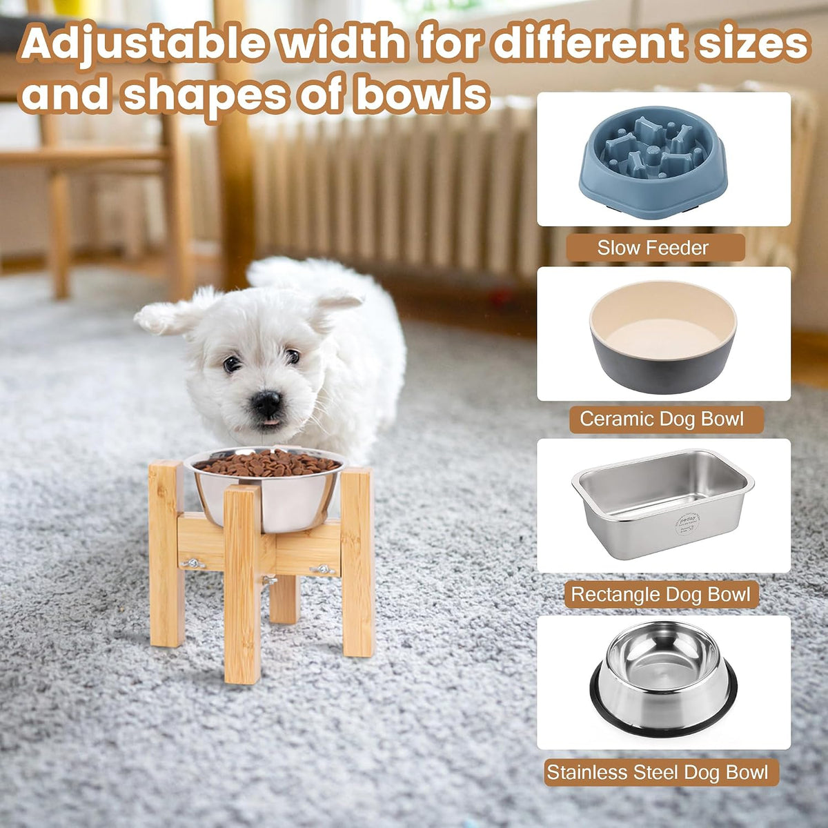 Elevated Dog Bowl Stand Adjustable Dog Food Holder 7”H Small Bamboo