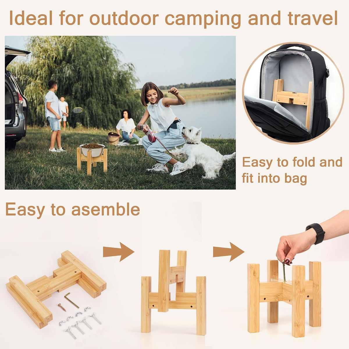 Elevated Dog Bowl Stand Adjustable Dog Food Holder 7”H Small Bamboo