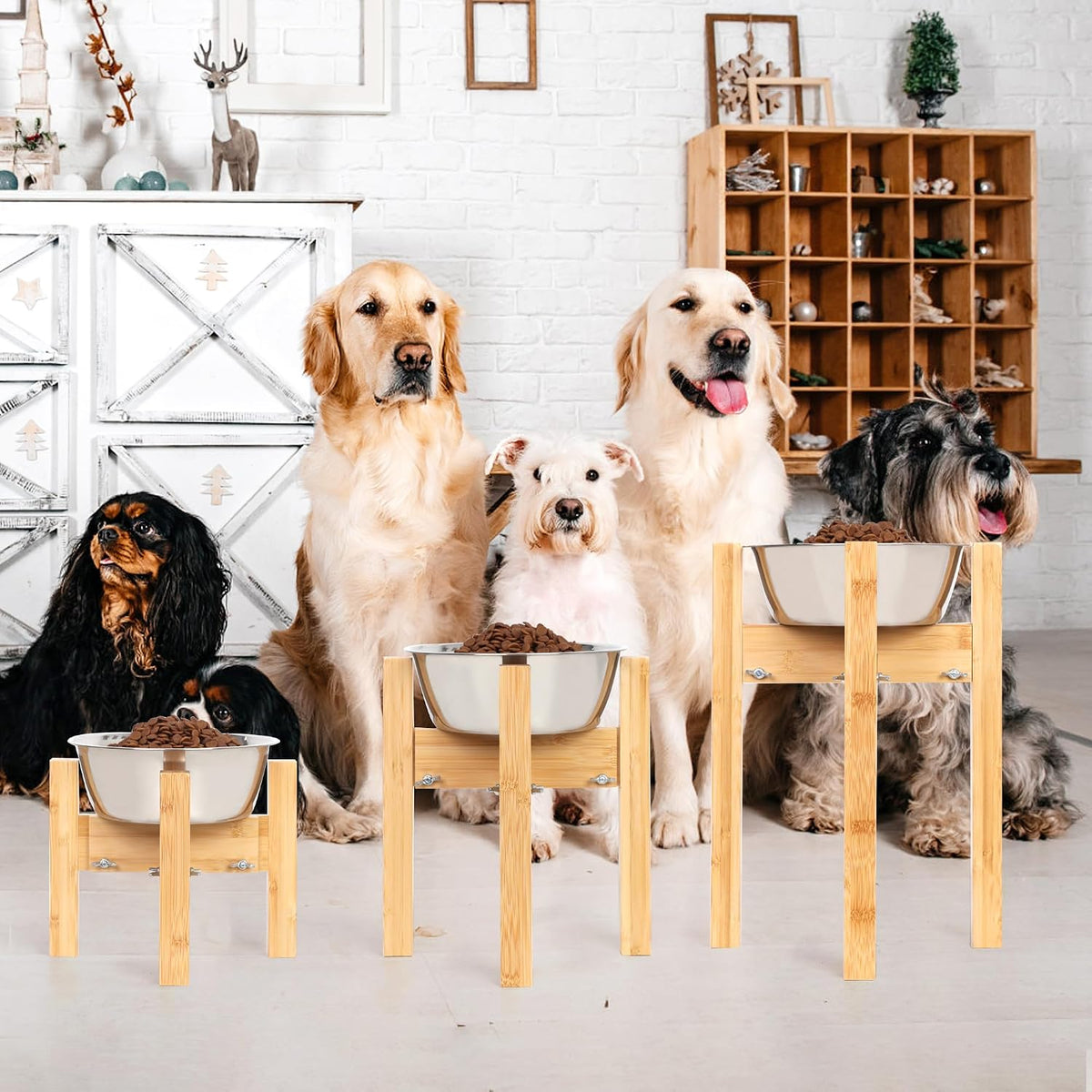 Elevated Dog Bowl Stand Adjustable Dog Food Holder 7”H Small Bamboo