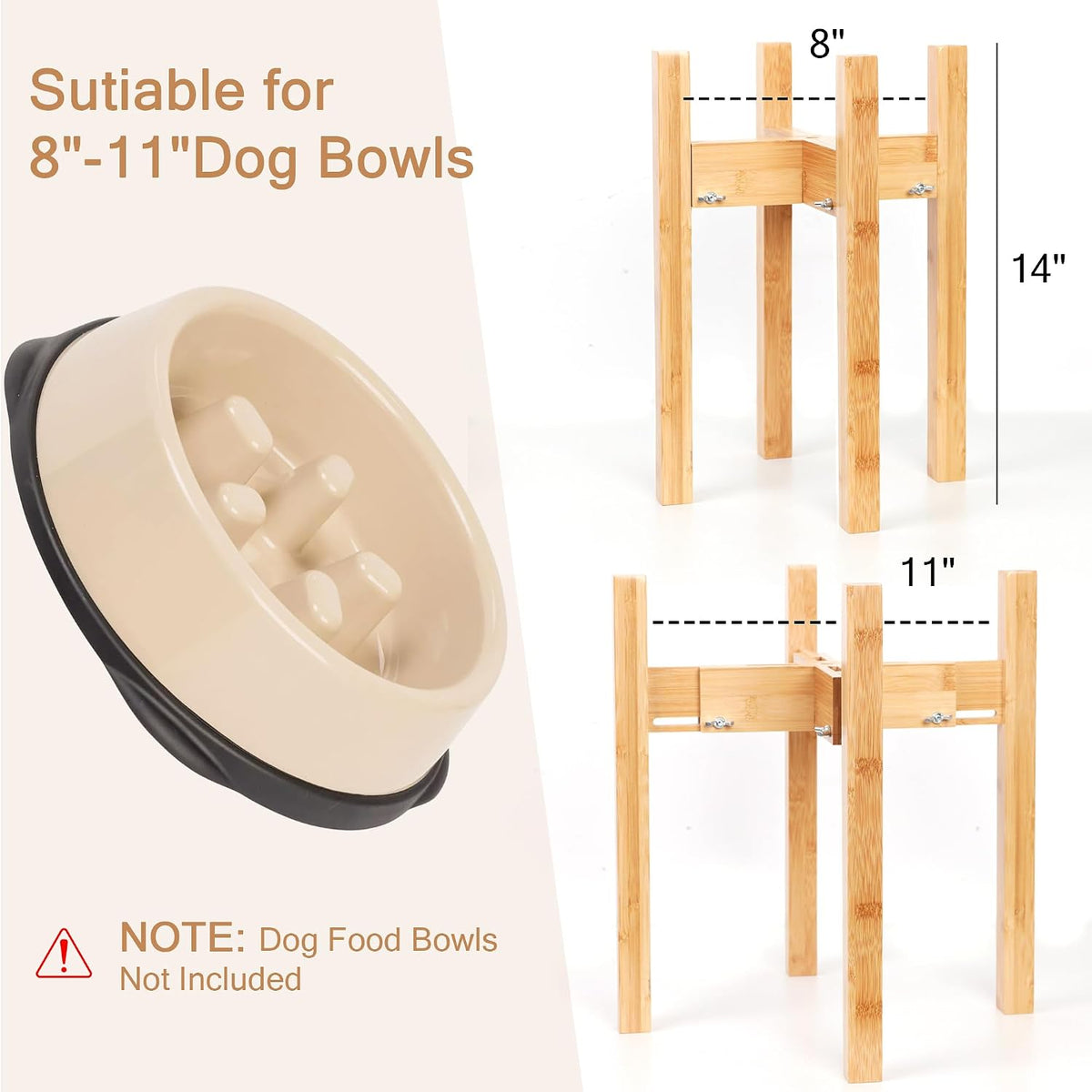 Elevated Dog Bowl Stand Adjustable Dog Food Holder 7”H Small Bamboo