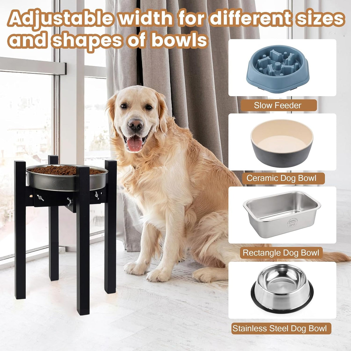 Elevated Dog Bowl Stand Adjustable Dog Food Holder 7”H Small Bamboo