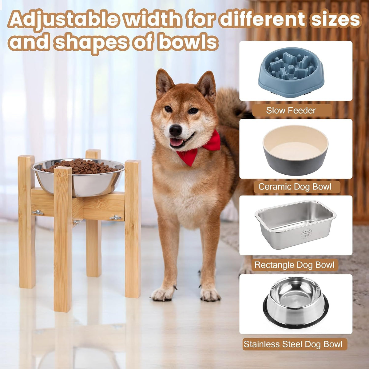 Elevated Dog Bowl Stand Adjustable Dog Food Holder 7”H Small Bamboo