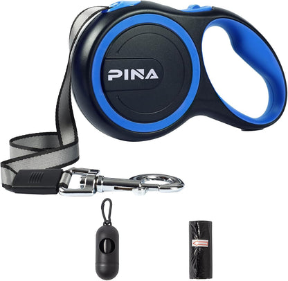 Retractable Dog Leash, 26ft Dog Leash for Small Medium Large Dogs Up to 110lbs, 360° Tangle-Free Strong Reflective Nylon Tape, with Anti-Slip Handle, One-Handed Brake, Lock - Black Blue