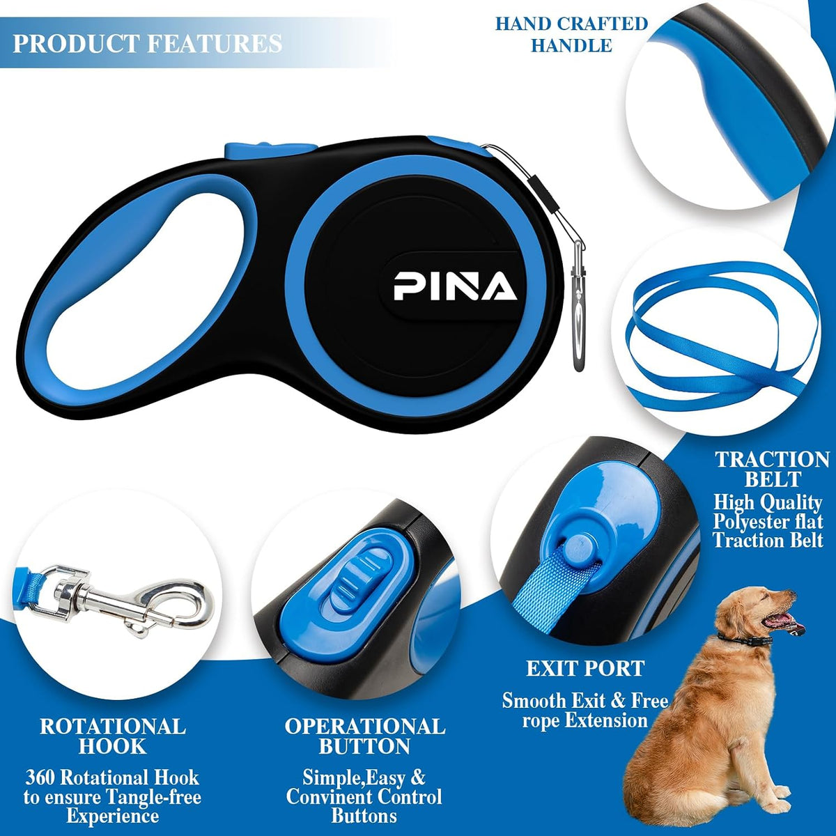 Retractable Dog Leash, 26ft Dog Leash for Small Medium Large Dogs Up to 110lbs, 360° Tangle-Free Strong Reflective Nylon Tape, with Anti-Slip Handle, One-Handed Brake, Lock - Black Blue