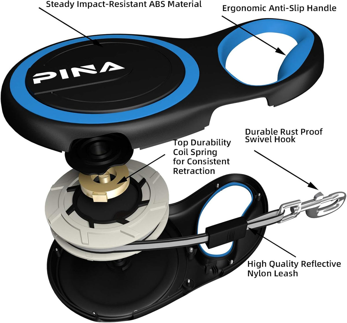 Retractable Dog Leash, 26ft Dog Leash for Small Medium Large Dogs Up to 110lbs, 360° Tangle-Free Strong Reflective Nylon Tape, with Anti-Slip Handle, One-Handed Brake, Lock - Black Blue