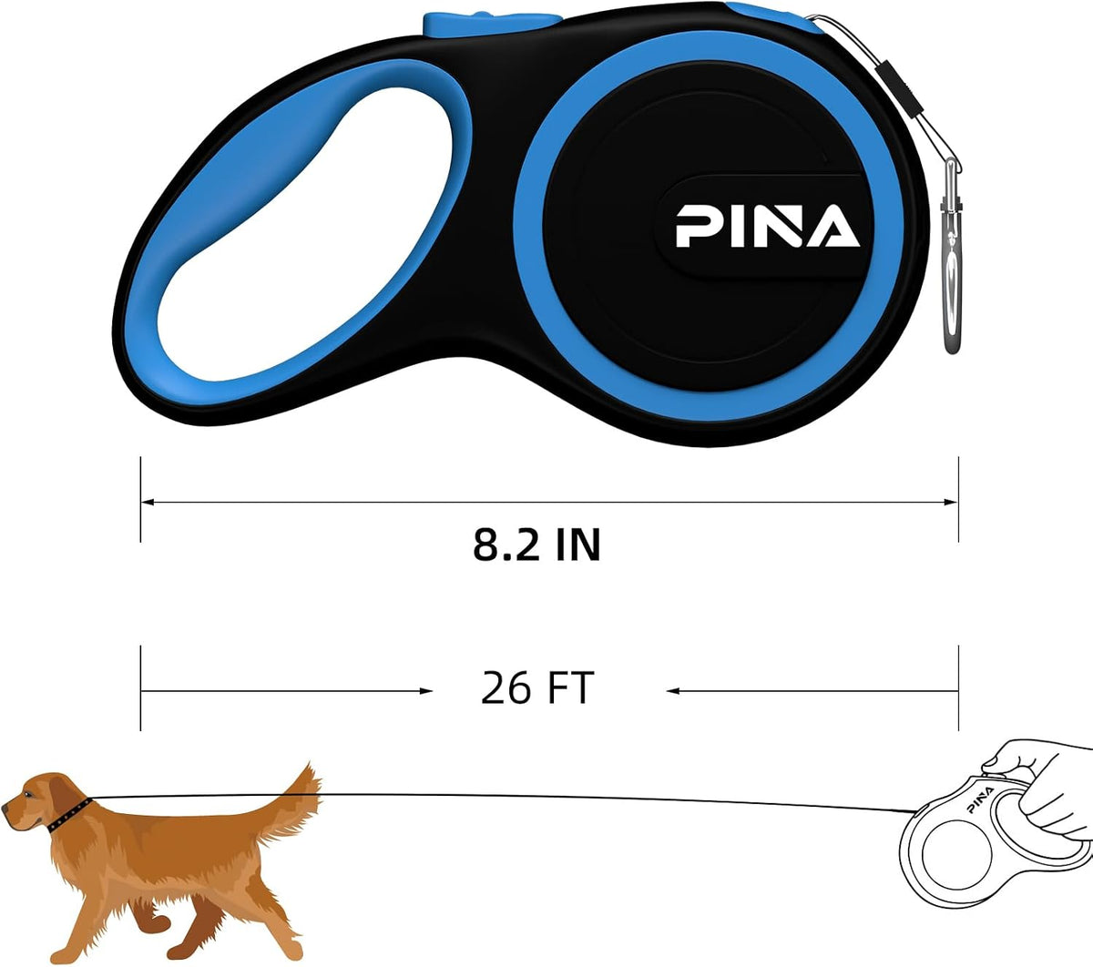 Retractable Dog Leash, 26ft Dog Leash for Small Medium Large Dogs Up to 110lbs, 360° Tangle-Free Strong Reflective Nylon Tape, with Anti-Slip Handle, One-Handed Brake, Lock - Black Blue