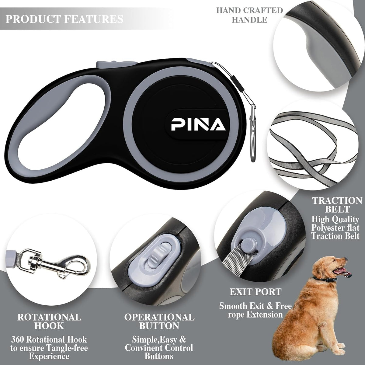 Retractable Dog Leash, 26ft Dog Leash for Small Medium Large Dogs Up to 110lbs, 360° Tangle-Free Strong Reflective Nylon Tape, with Anti-Slip Handle, One-Handed Brake, Lock - Black Blue
