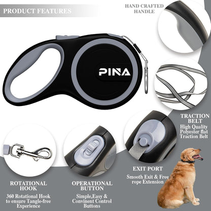 Retractable Dog Leash, 26ft Dog Leash for Small Medium Large Dogs Up to 110lbs, 360° Tangle-Free Strong Reflective Nylon Tape, with Anti-Slip Handle, One-Handed Brake, Lock - Black Blue