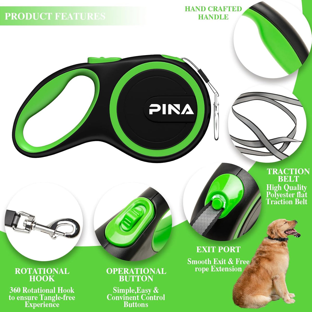 Retractable Dog Leash, 26ft Dog Leash for Small Medium Large Dogs Up to 110lbs, 360° Tangle-Free Strong Reflective Nylon Tape, with Anti-Slip Handle, One-Handed Brake, Lock - Black Blue