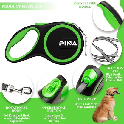Retractable Dog Leash, 26ft Dog Leash for Small Medium Large Dogs Up to 110lbs, 360° Tangle-Free Strong Reflective Nylon Tape, with Anti-Slip Handle, One-Handed Brake, Lock - Black Blue