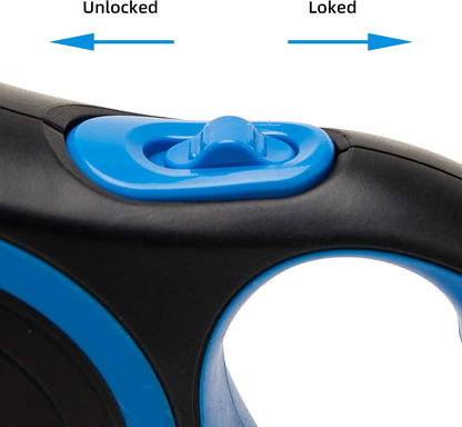 Retractable Dog Leash, 26ft Dog Leash for Small Medium Large Dogs Up to 110lbs, 360° Tangle-Free Strong Reflective Nylon Tape, with Anti-Slip Handle, One-Handed Brake, Lock - Black Blue