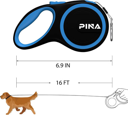 Retractable Dog Leash, 26ft Dog Leash for Small Medium Large Dogs Up to 110lbs, 360° Tangle-Free Strong Reflective Nylon Tape, with Anti-Slip Handle, One-Handed Brake, Lock - Black Blue