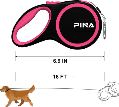 Retractable Dog Leash, 26ft Dog Leash for Small Medium Large Dogs Up to 110lbs, 360° Tangle-Free Strong Reflective Nylon Tape, with Anti-Slip Handle, One-Handed Brake, Lock - Black Blue