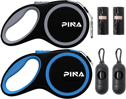 Retractable Dog Leash, 26ft Dog Leash for Small Medium Large Dogs Up to 110lbs, 360° Tangle-Free Strong Reflective Nylon Tape, with Anti-Slip Handle, One-Handed Brake, Lock - Black Blue