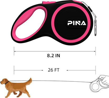 Retractable Dog Leash, 26ft Dog Leash for Small Medium Large Dogs Up to 110lbs, 360° Tangle-Free Strong Reflective Nylon Tape, with Anti-Slip Handle, One-Handed Brake, Lock - Black Blue