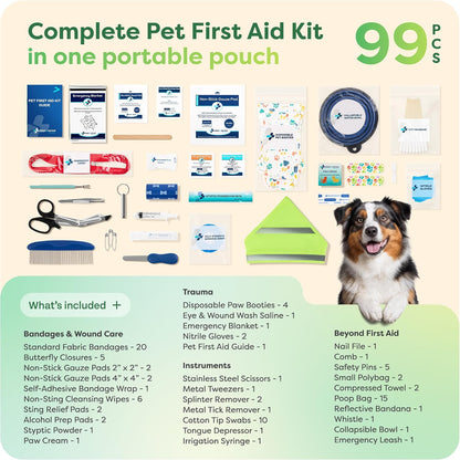 Pet First Aid Kit for Dogs & Cats, 99 Pc. Travel Emergency Kit