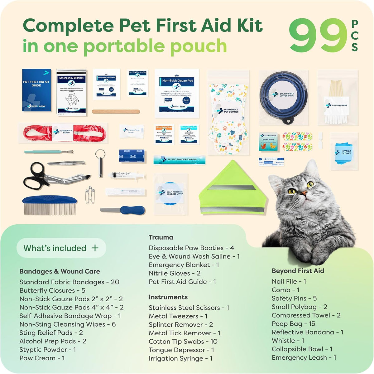 Pet First Aid Kit for Dogs & Cats, 99 Pc. Travel Emergency Kit