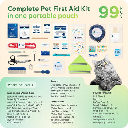 Pet First Aid Kit for Dogs & Cats, 99 Pc. Travel Emergency Kit