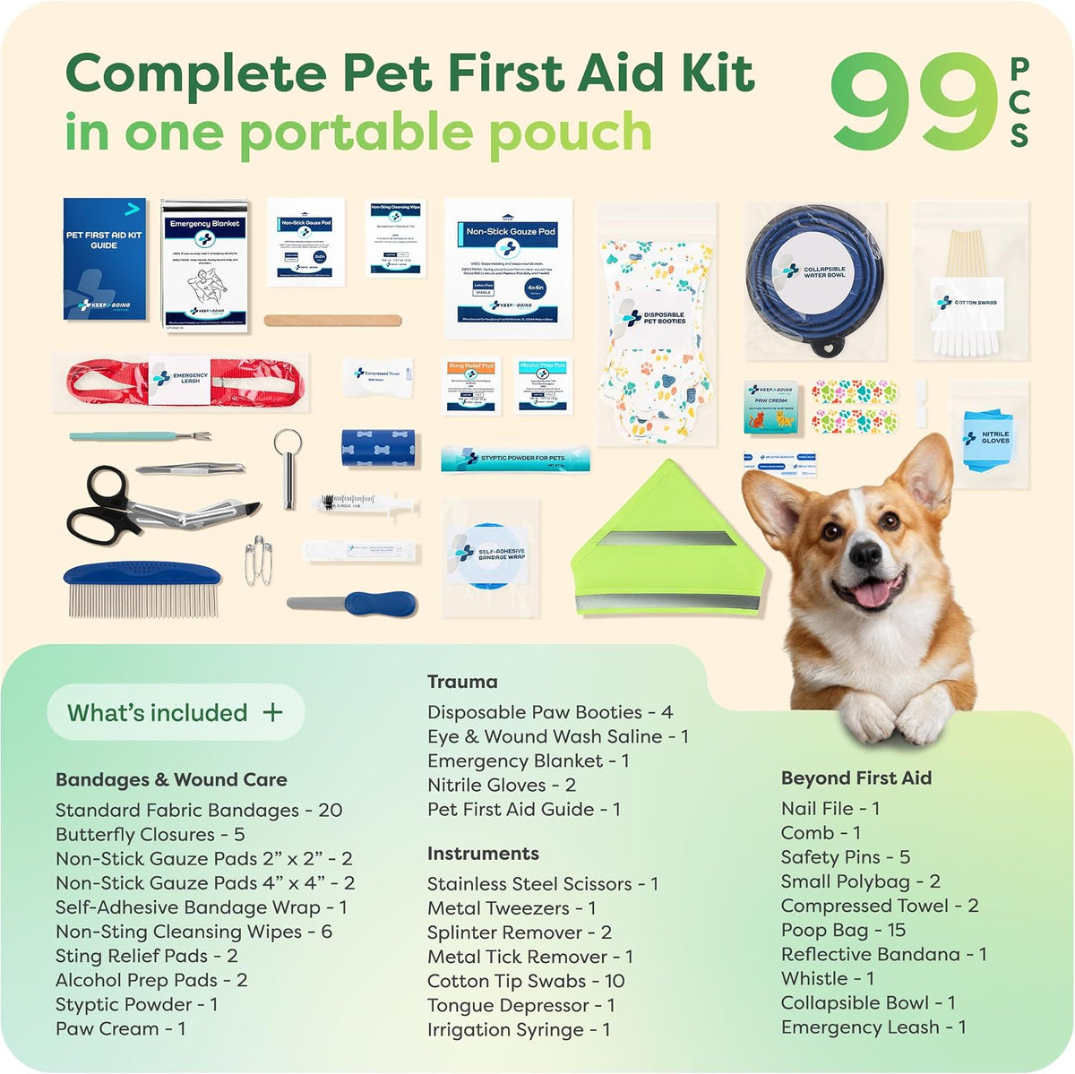 Pet First Aid Kit for Dogs & Cats, 99 Pc. Travel Emergency Kit