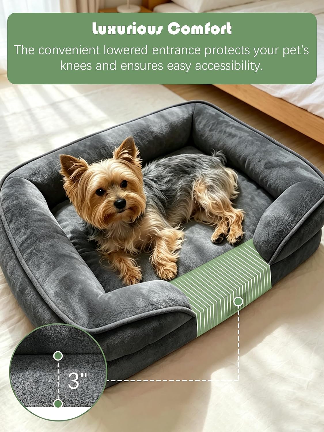 Orthopedic Dog Bed with Sides - Dog Sofa Beds for Medium Dogs, Supportive Foam Pet Couch Bed with Washable Removable Cover, Waterproof Lining and Non-Slip Bottom, Grey - M