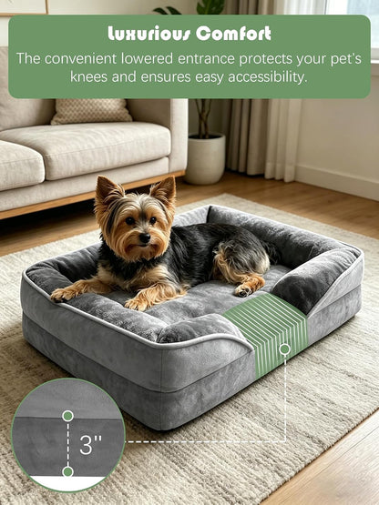 Orthopedic Dog Bed with Sides - Dog Sofa Beds for Medium Dogs, Supportive Foam Pet Couch Bed with Washable Removable Cover, Waterproof Lining and Non-Slip Bottom, Grey - M
