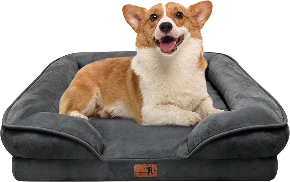 Orthopedic Dog Bed with Sides - Dog Sofa Beds for Medium Dogs, Supportive Foam Pet Couch Bed with Washable Removable Cover, Waterproof Lining and Non-Slip Bottom, Grey - M