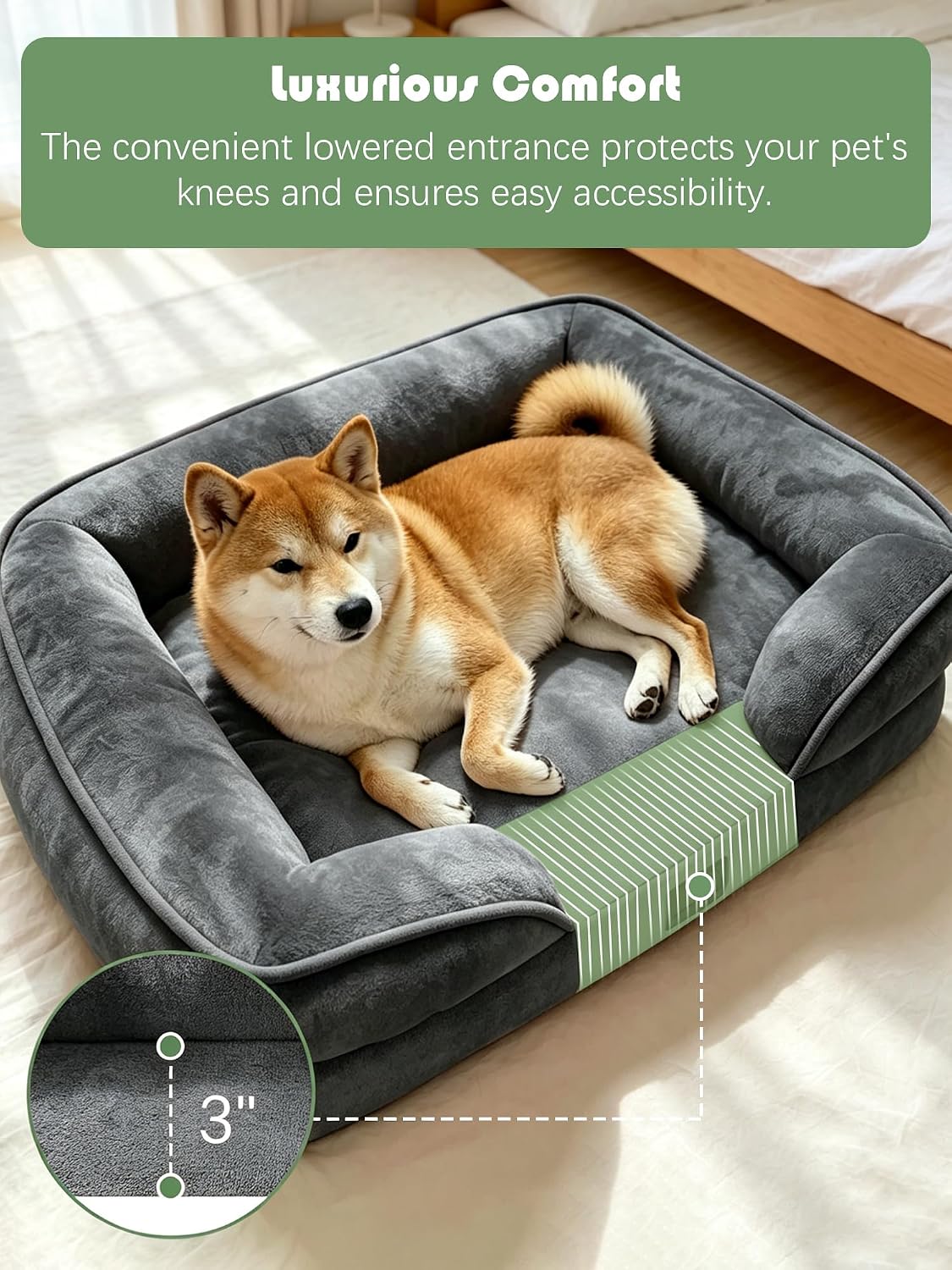 Orthopedic Dog Bed with Sides - Dog Sofa Beds for Medium Dogs, Supportive Foam Pet Couch Bed with Washable Removable Cover, Waterproof Lining and Non-Slip Bottom, Grey - M