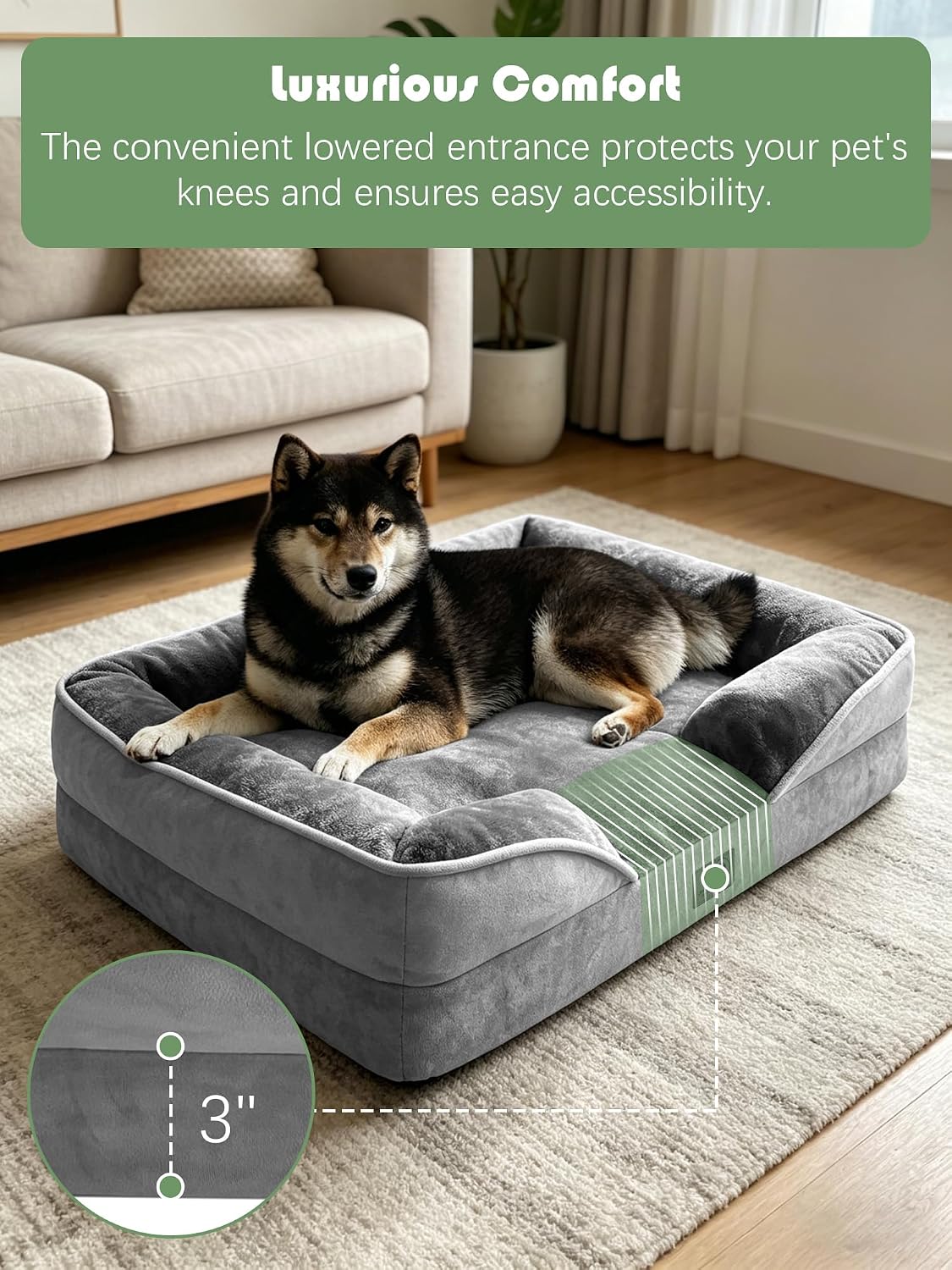 Orthopedic Dog Bed with Sides - Dog Sofa Beds for Medium Dogs, Supportive Foam Pet Couch Bed with Washable Removable Cover, Waterproof Lining and Non-Slip Bottom, Grey - M