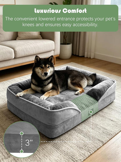 Orthopedic Dog Bed with Sides - Dog Sofa Beds for Medium Dogs, Supportive Foam Pet Couch Bed with Washable Removable Cover, Waterproof Lining and Non-Slip Bottom, Grey - M