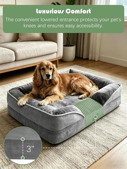 Orthopedic Dog Bed with Sides - Dog Sofa Beds for Medium Dogs, Supportive Foam Pet Couch Bed with Washable Removable Cover, Waterproof Lining and Non-Slip Bottom, Grey - M