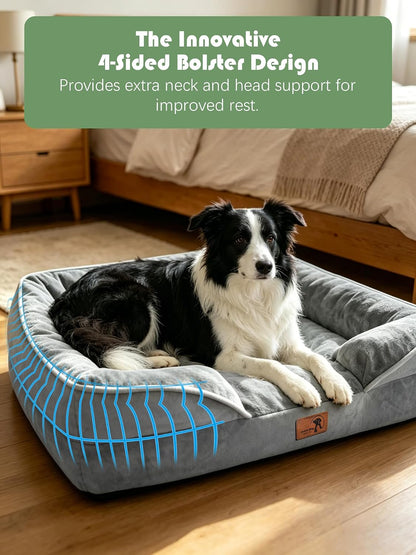 Orthopedic Dog Bed with Sides - Dog Sofa Beds for Medium Dogs, Supportive Foam Pet Couch Bed with Washable Removable Cover, Waterproof Lining and Non-Slip Bottom, Grey - M
