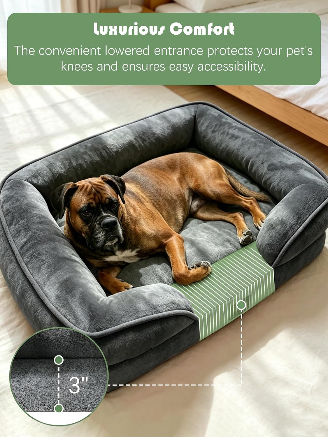 Orthopedic Dog Bed with Sides - Dog Sofa Beds for Medium Dogs, Supportive Foam Pet Couch Bed with Washable Removable Cover, Waterproof Lining and Non-Slip Bottom, Grey - M