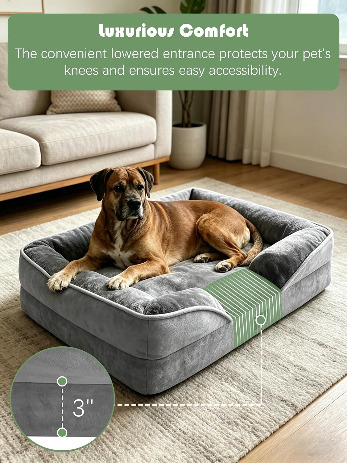 Orthopedic Dog Bed with Sides - Dog Sofa Beds for Medium Dogs, Supportive Foam Pet Couch Bed with Washable Removable Cover, Waterproof Lining and Non-Slip Bottom, Grey - M