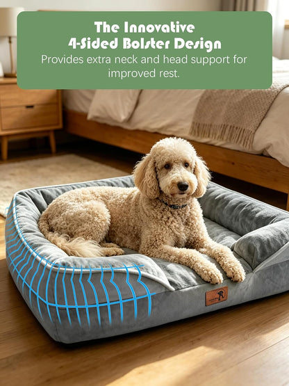 Orthopedic Dog Bed with Sides - Dog Sofa Beds for Medium Dogs, Supportive Foam Pet Couch Bed with Washable Removable Cover, Waterproof Lining and Non-Slip Bottom, Grey - M