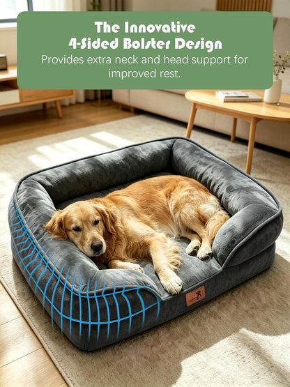 Orthopedic Dog Bed with Sides - Dog Sofa Beds for Medium Dogs, Supportive Foam Pet Couch Bed with Washable Removable Cover, Waterproof Lining and Non-Slip Bottom, Grey - M