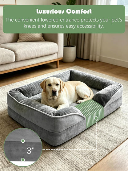 Orthopedic Dog Bed with Sides - Dog Sofa Beds for Medium Dogs, Supportive Foam Pet Couch Bed with Washable Removable Cover, Waterproof Lining and Non-Slip Bottom, Grey - M