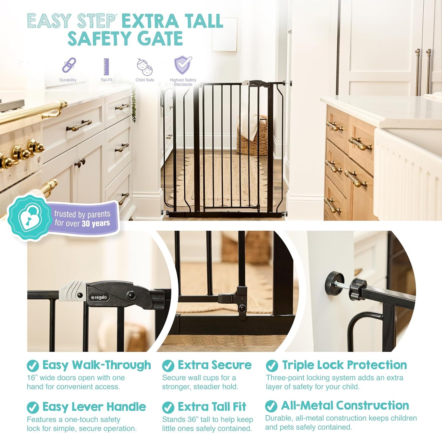 Safety 29"-49" Extra Wide Baby Gate, Bottom of Stairs & Doorways | Pressure Mounted with Door, For Babies, Toddlers & Pets, Platinum, Tested & Trusted for 30 Years