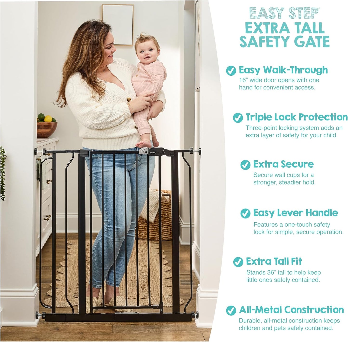 Safety 29"-49" Extra Wide Baby Gate, Bottom of Stairs & Doorways | Pressure Mounted with Door, For Babies, Toddlers & Pets, Platinum, Tested & Trusted for 30 Years