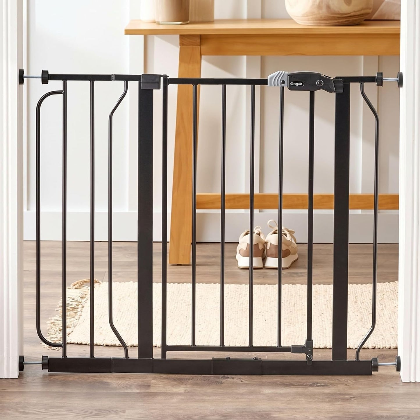 Safety 29"-49" Extra Wide Baby Gate, Bottom of Stairs & Doorways | Pressure Mounted with Door, For Babies, Toddlers & Pets, Platinum, Tested & Trusted for 30 Years