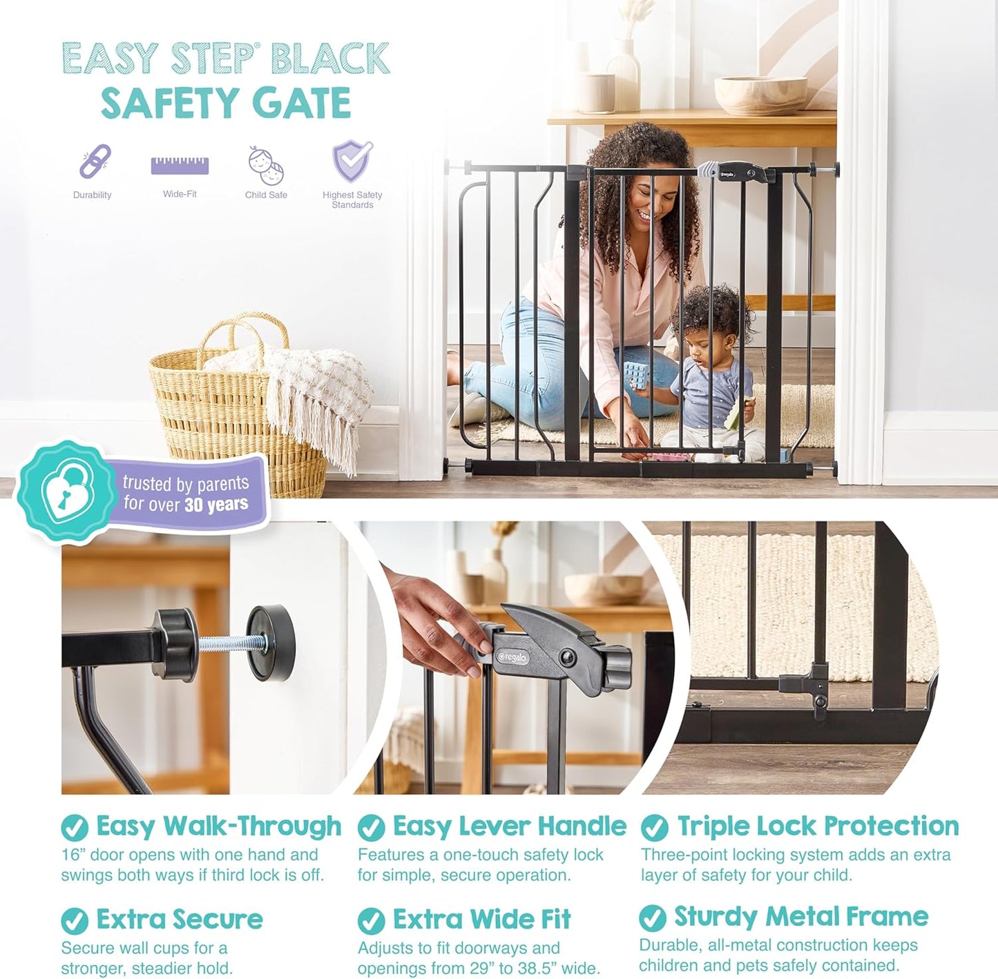 Safety 29"-49" Extra Wide Baby Gate, Bottom of Stairs & Doorways | Pressure Mounted with Door, For Babies, Toddlers & Pets, Platinum, Tested & Trusted for 30 Years