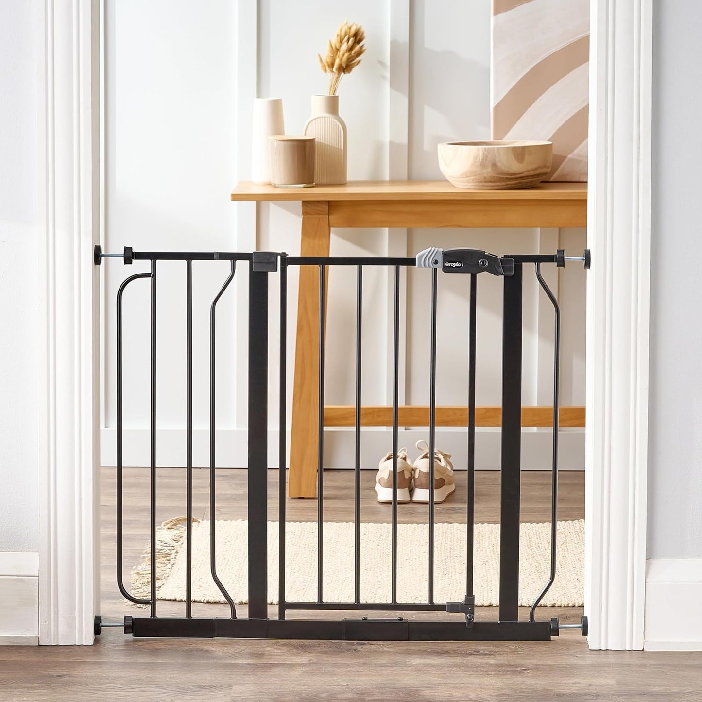 Safety 29"-49" Extra Wide Baby Gate, Bottom of Stairs & Doorways | Pressure Mounted with Door, For Babies, Toddlers & Pets, Platinum, Tested & Trusted for 30 Years