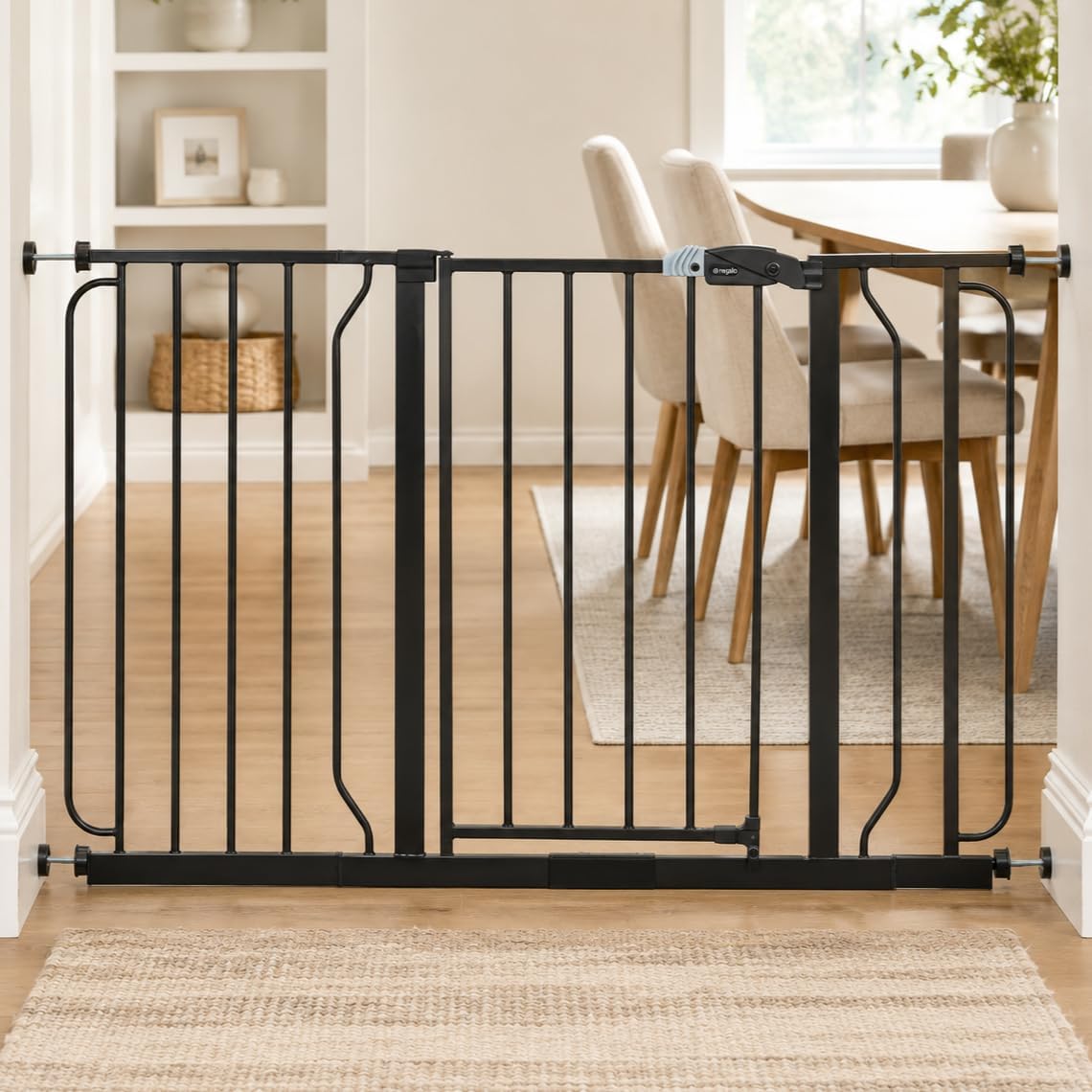 Safety 29"-49" Extra Wide Baby Gate, Bottom of Stairs & Doorways | Pressure Mounted with Door, For Babies, Toddlers & Pets, Platinum, Tested & Trusted for 30 Years