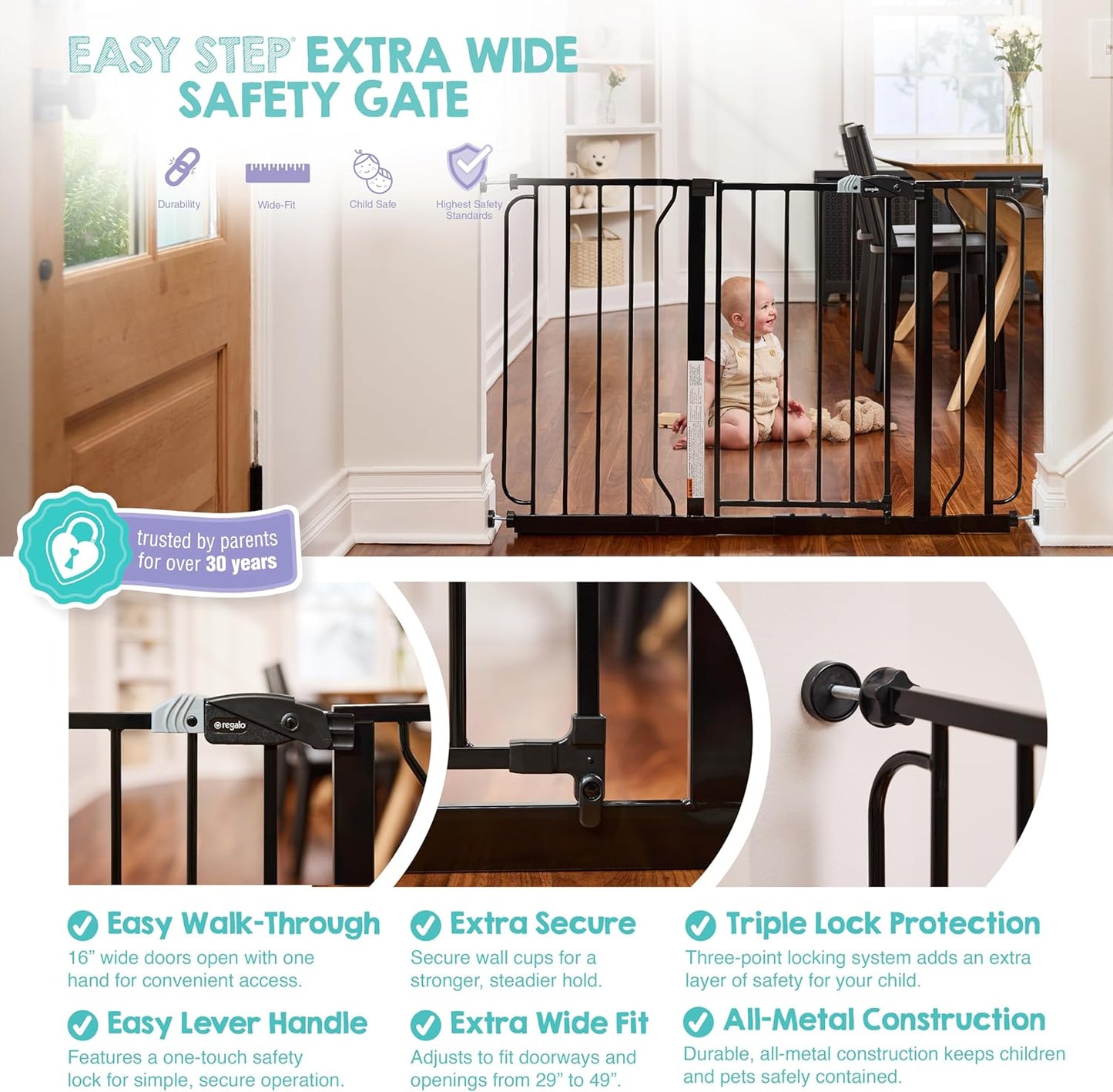 Safety 29"-49" Extra Wide Baby Gate, Bottom of Stairs & Doorways | Pressure Mounted with Door, For Babies, Toddlers & Pets, Platinum, Tested & Trusted for 30 Years