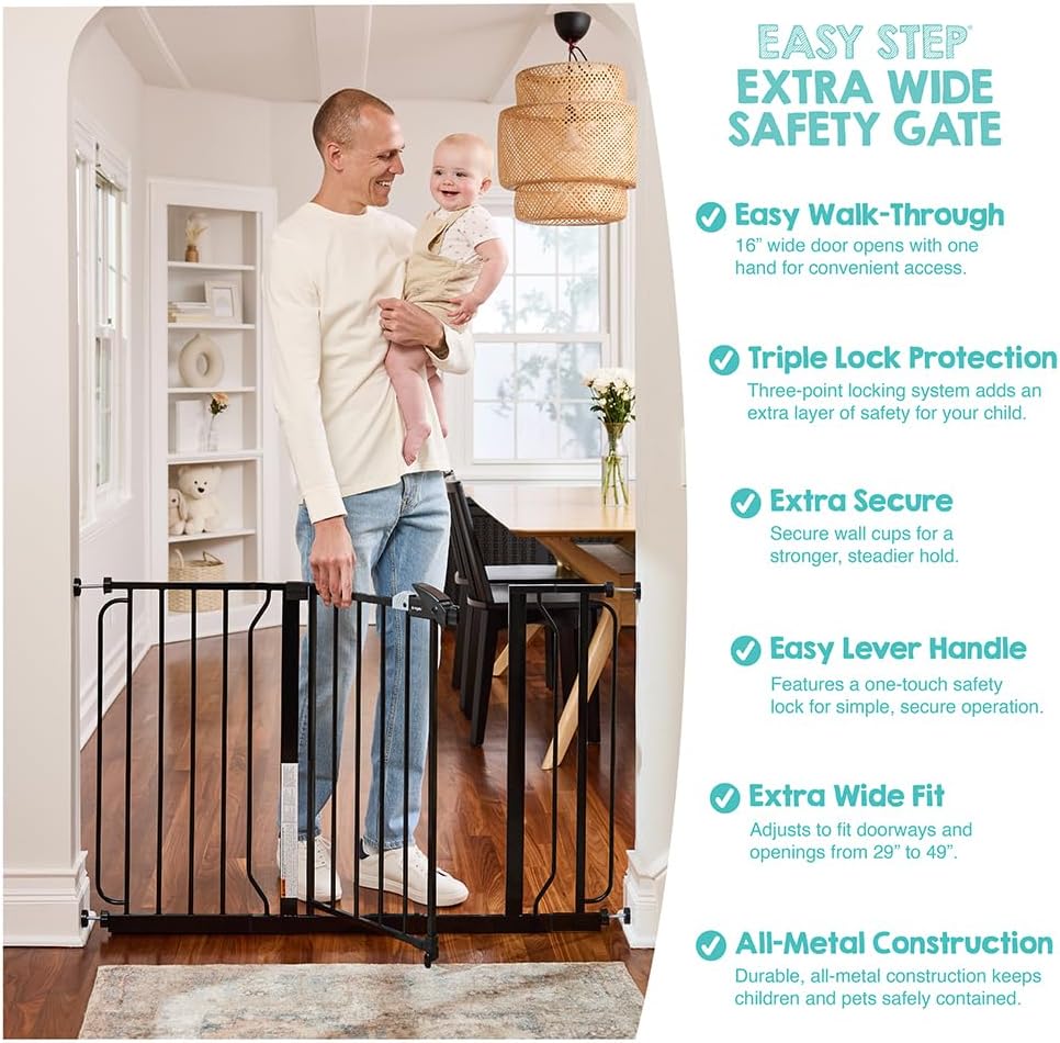 Safety 29"-49" Extra Wide Baby Gate, Bottom of Stairs & Doorways | Pressure Mounted with Door, For Babies, Toddlers & Pets, Platinum, Tested & Trusted for 30 Years