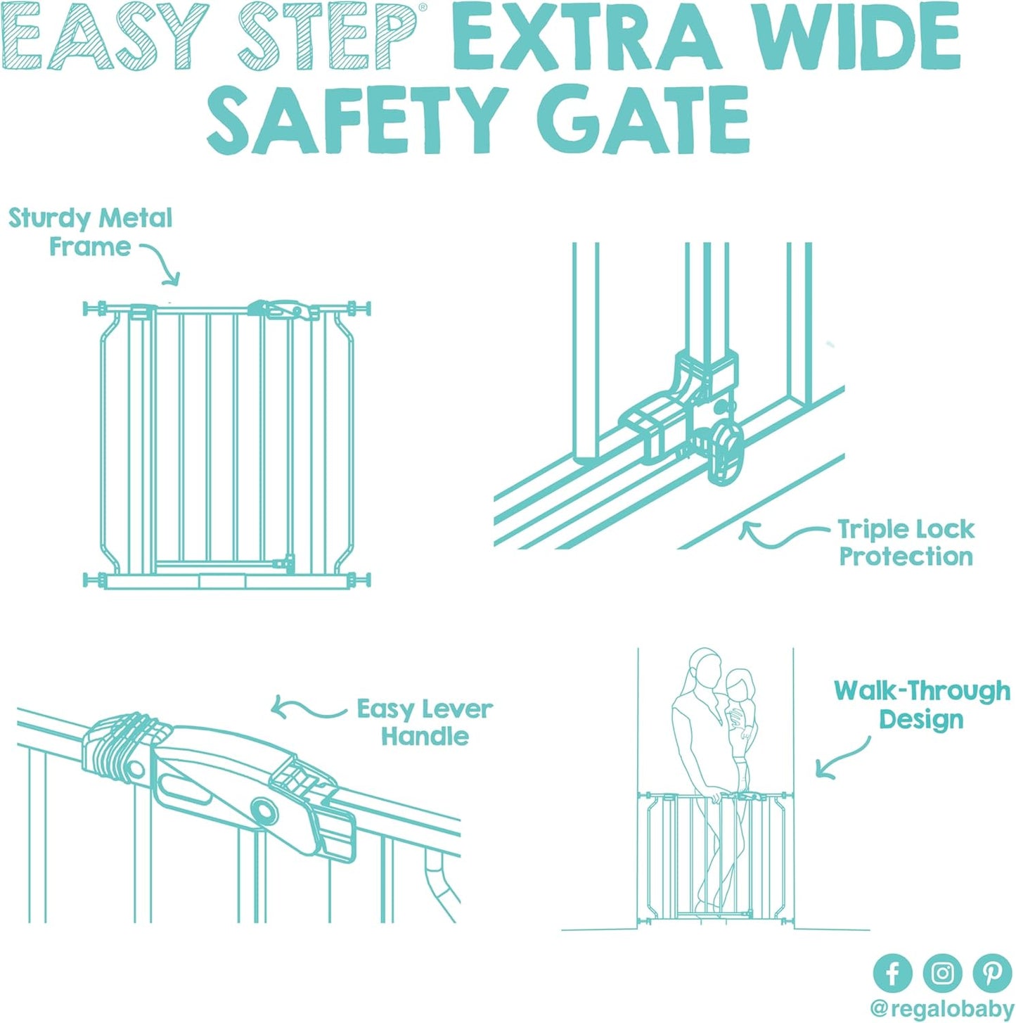 Safety 29"-49" Extra Wide Baby Gate, Bottom of Stairs & Doorways | Pressure Mounted with Door, For Babies, Toddlers & Pets, Platinum, Tested & Trusted for 30 Years