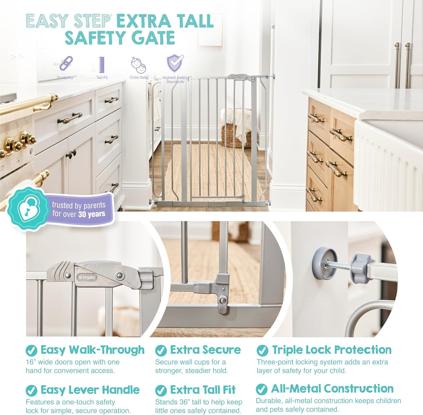 Safety 29"-49" Extra Wide Baby Gate, Bottom of Stairs & Doorways | Pressure Mounted with Door, For Babies, Toddlers & Pets, Platinum, Tested & Trusted for 30 Years