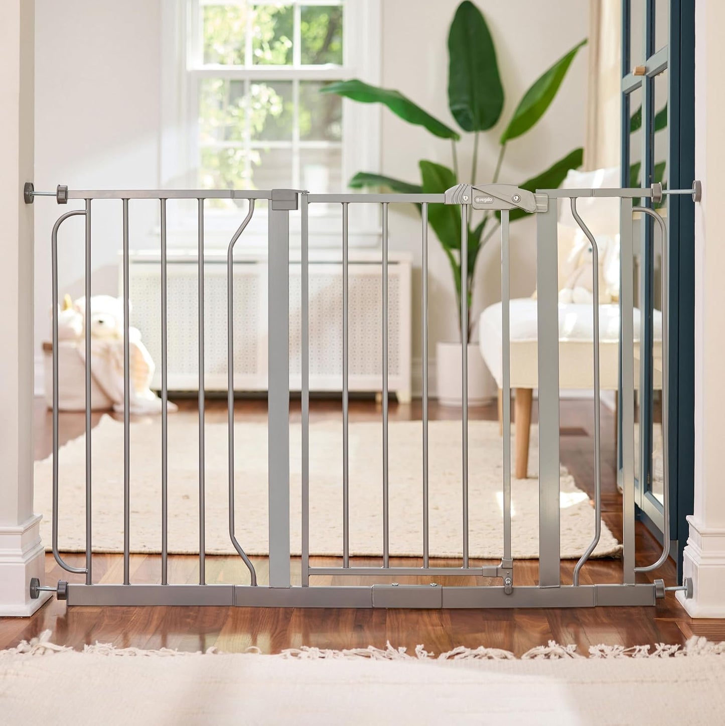 Safety 29"-49" Extra Wide Baby Gate, Bottom of Stairs & Doorways | Pressure Mounted with Door, For Babies, Toddlers & Pets, Platinum, Tested & Trusted for 30 Years