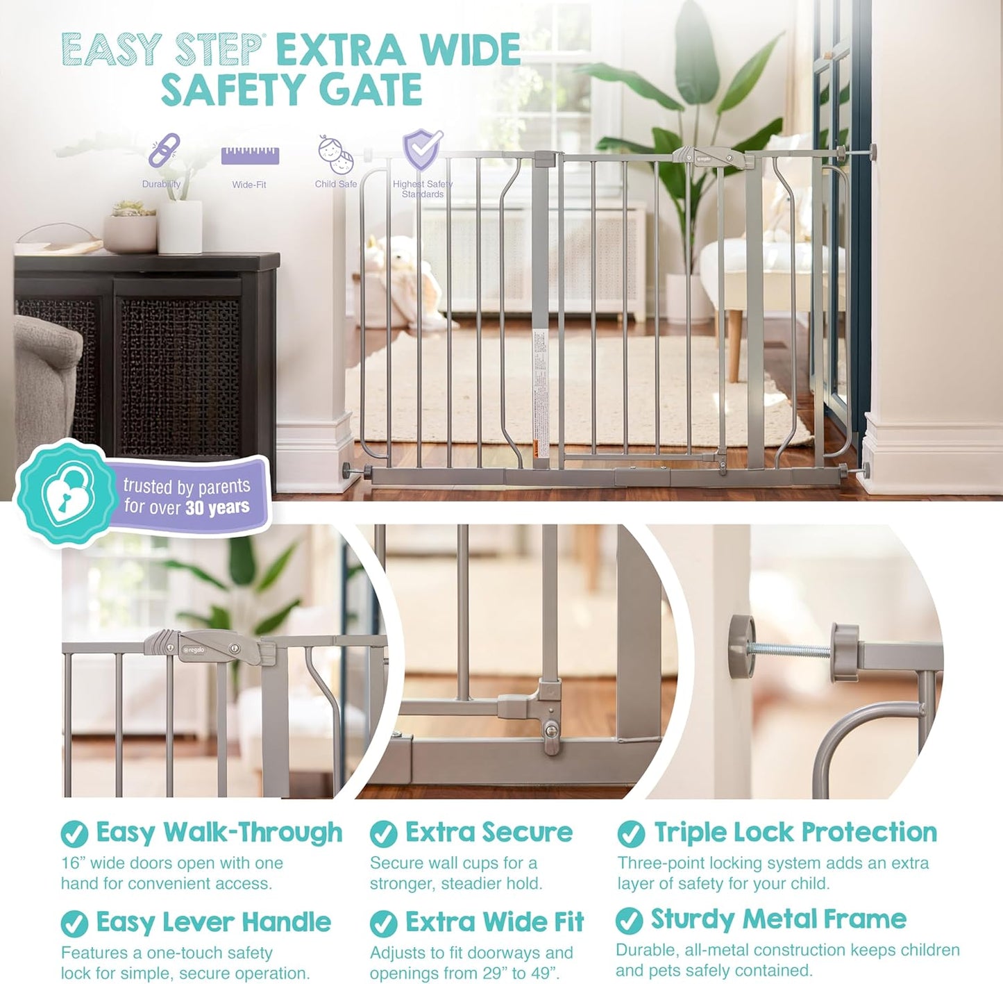 Safety 29"-49" Extra Wide Baby Gate, Bottom of Stairs & Doorways | Pressure Mounted with Door, For Babies, Toddlers & Pets, Platinum, Tested & Trusted for 30 Years